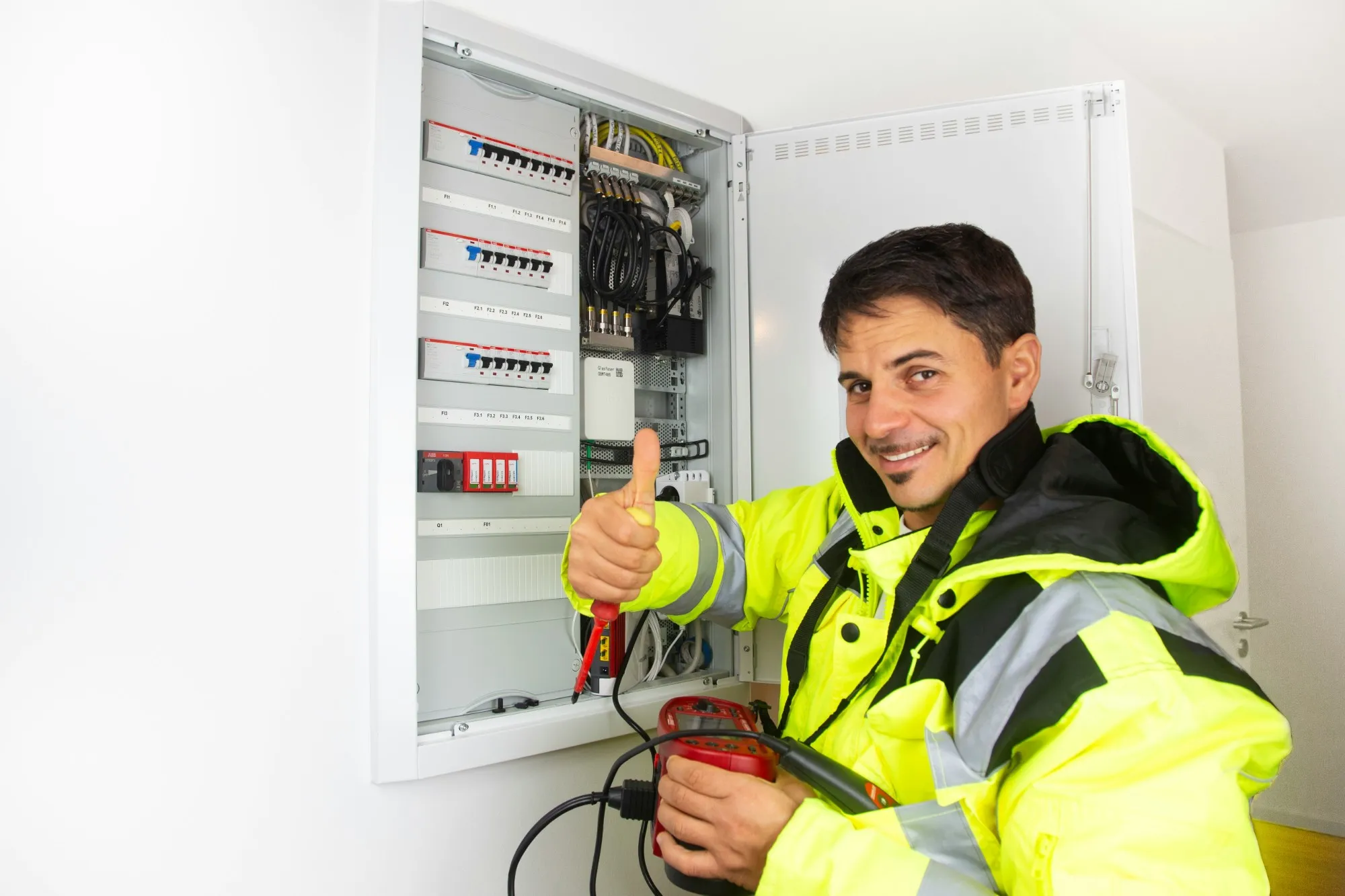 L’électricien devant un tableau électrique neuf